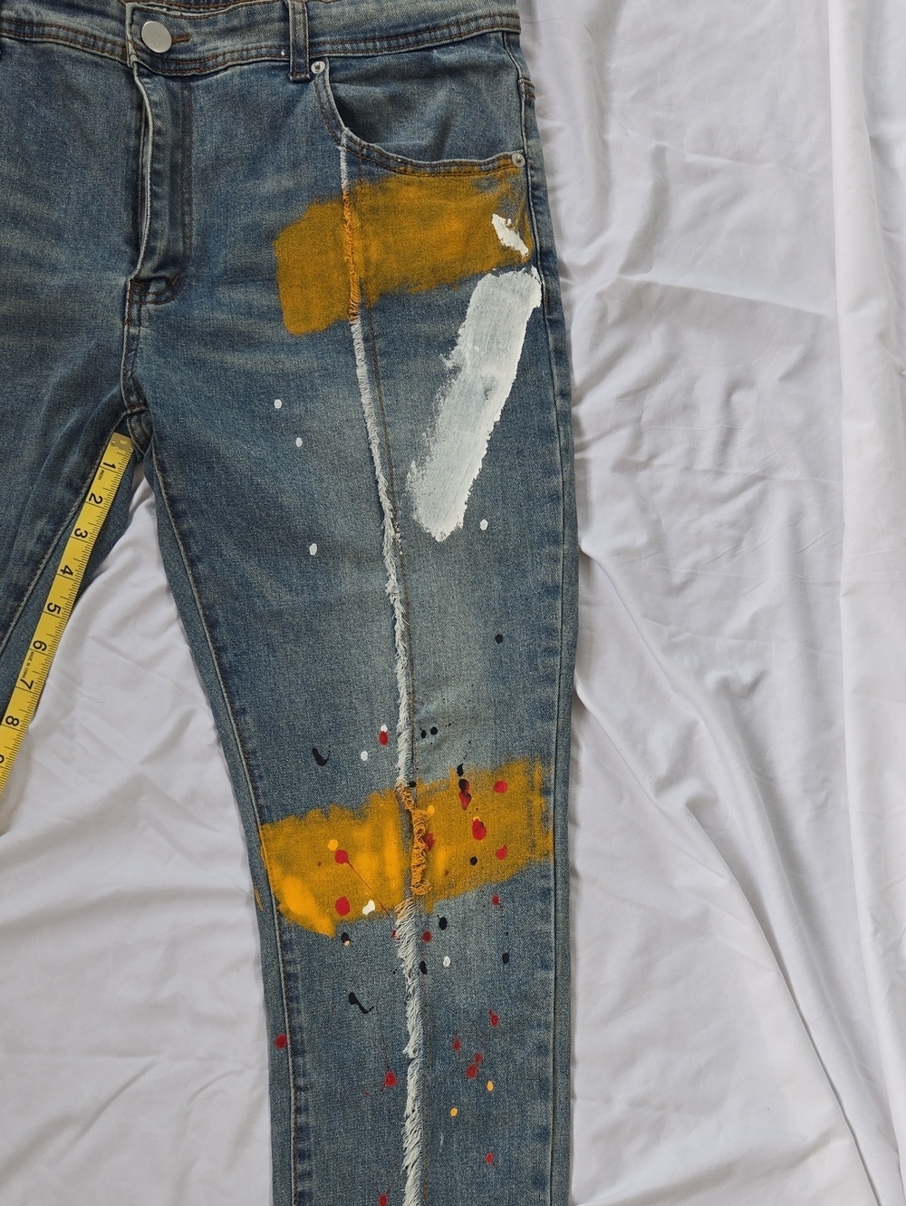 Men's Jeans Paint Splatters & Marks On Front And Back With Slight Fringe On Legs - Picture 7 of 13